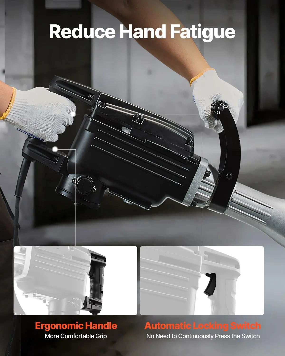 VEVOR Demolition Jack Hammer, 2800 W Powerful Electric Jackhammer, 1200 BPM Concrete Breaker with 3 Chisels, a Clay Spade, Carrying Case, Gloves, for Concrete, Wall, Brick, Tile and Foundation - Image 4