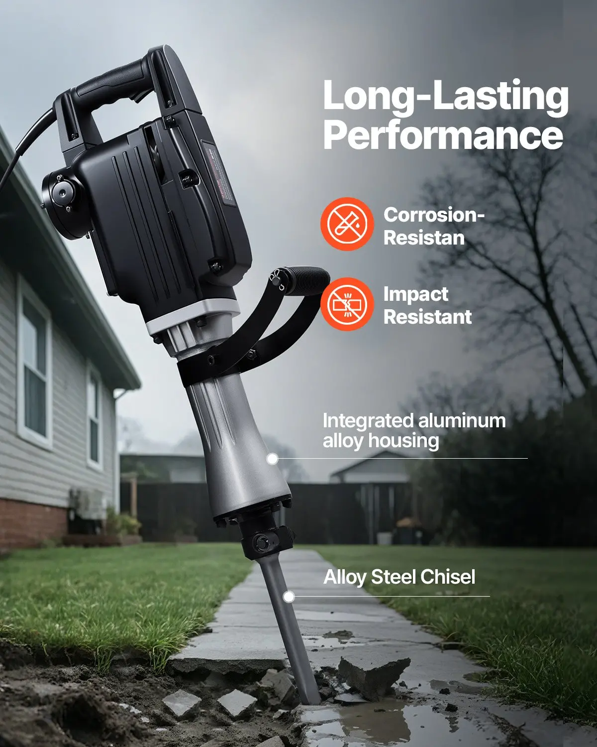 VEVOR Demolition Jack Hammer, 2800 W Powerful Electric Jackhammer, 1200 BPM Concrete Breaker with 3 Chisels, a Clay Spade, Carrying Case, Gloves, for Concrete, Wall, Brick, Tile and Foundation - Image 5