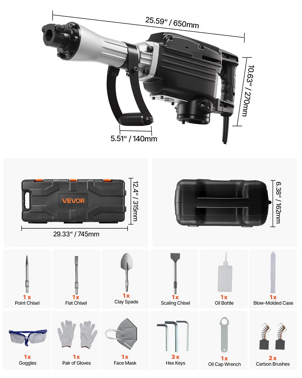 VEVOR Demolition Jack Hammer, 2800 W Powerful Electric Jackhammer, 1200 BPM Concrete Breaker with 3 Chisels, a Clay Spade, Carrying Case, Gloves, for Concrete, Wall, Brick, Tile and Foundation - Image 6