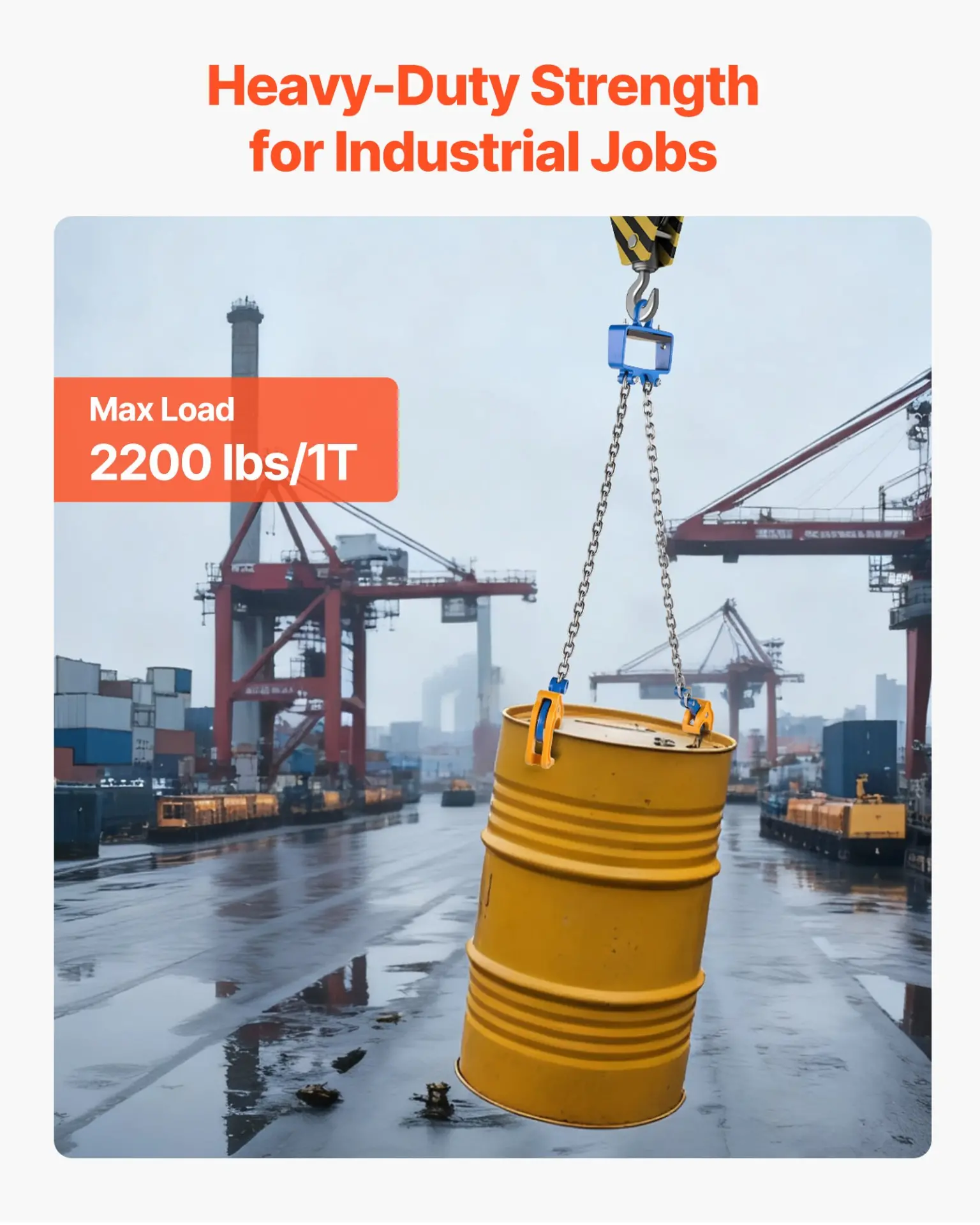 VEVOR Chain Drum Lifter, G80 Drum Lifting Chain Sling with Security Hook, 2200LBS Capacity, Drums Handling Equipment Fits for Crane Forklift, Carbon Steel Barrel Lifter for Plastic & Metal Drums - Image 2