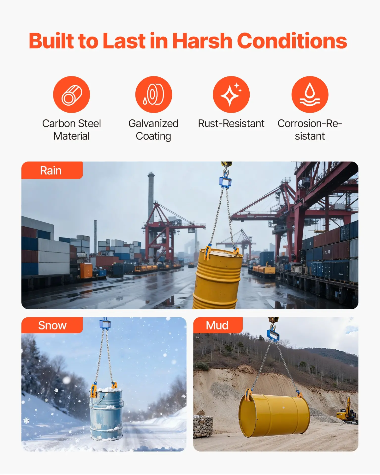 VEVOR Chain Drum Lifter, G80 Drum Lifting Chain Sling with Security Hook, 2200LBS Capacity, Drums Handling Equipment Fits for Crane Forklift, Carbon Steel Barrel Lifter for Plastic & Metal Drums - Image 4