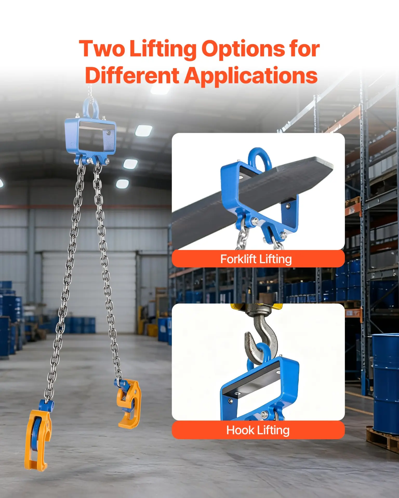 VEVOR Chain Drum Lifter, G80 Drum Lifting Chain Sling with Security Hook, 2200LBS Capacity, Drums Handling Equipment Fits for Crane Forklift, Carbon Steel Barrel Lifter for Plastic & Metal Drums - Image 6