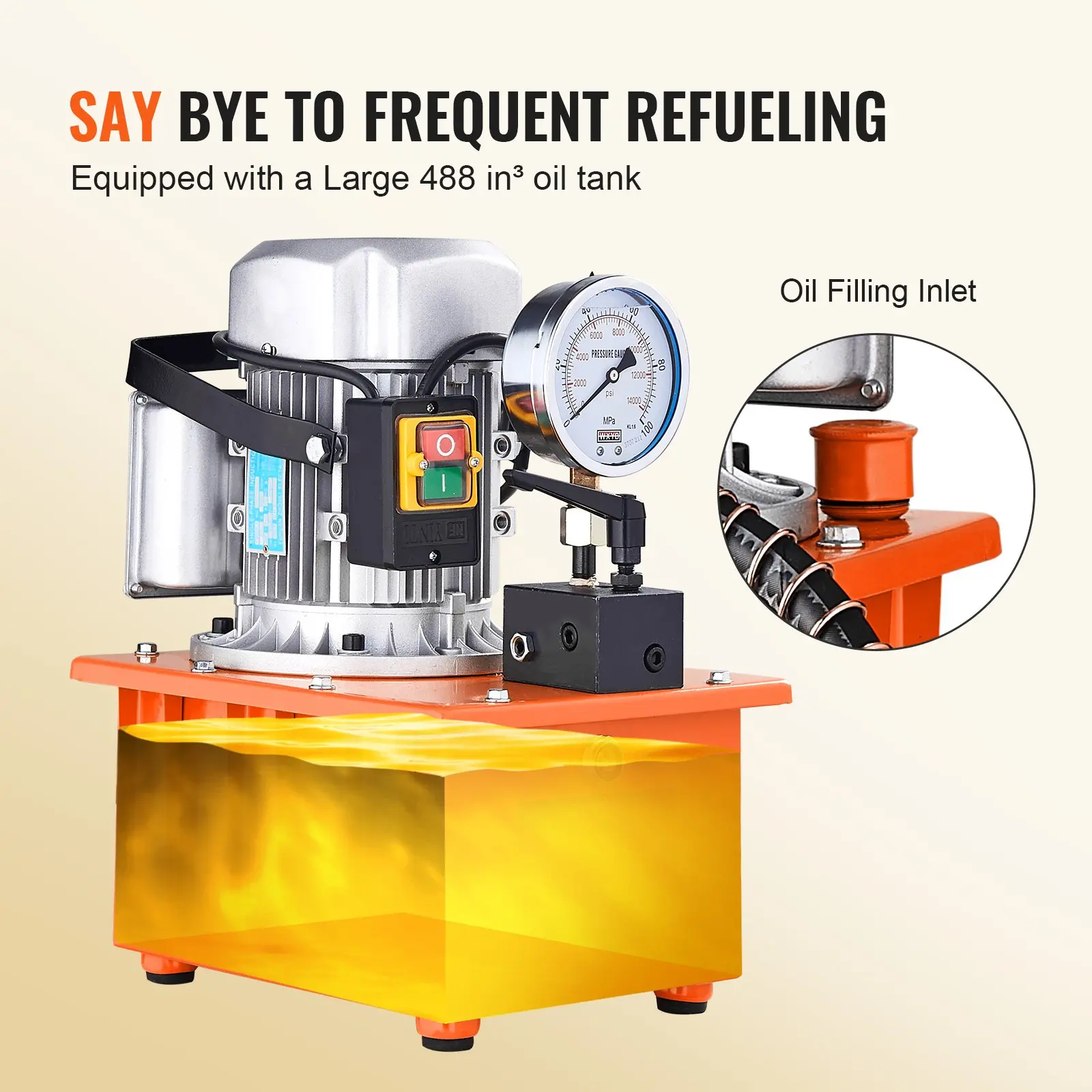 VEVOR Electric Hydraulic Pump, 10000 PSI 750W 110V, 488 in/8L Capacity, Single Acting Manual Valve, Electric Driven Hydraulic Pump Power Pack Unit with Lever Switch for Punching/Bending/Jack Machines - Image 4