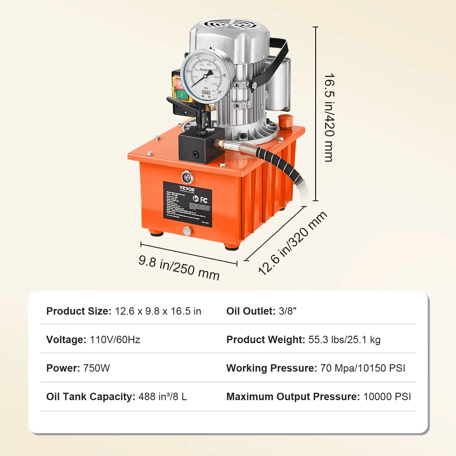 VEVOR Electric Hydraulic Pump, 10000 PSI 750W 110V, 488 in/8L Capacity, Single Acting Manual Valve, Electric Driven Hydraulic Pump Power Pack Unit with Lever Switch for Punching/Bending/Jack Machines - Image 7