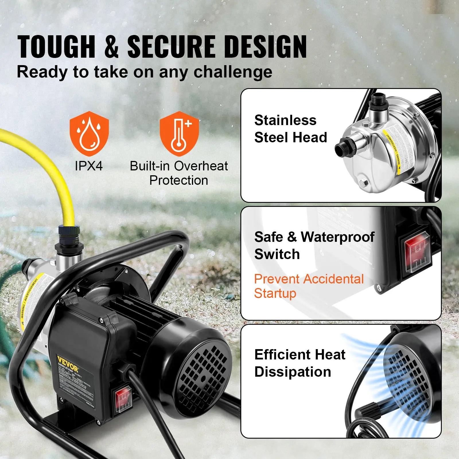 VEVOR Shallow Well Pump, 1.5 HP 115V, 1200 GPH 164 ft Height, 87 psi Max Pressure, Portable Stainless Steel Sprinkler Booster Jet Pumps for Garden Lawn Irrigation system, Lake Fountain, Water Transfer - Image 4