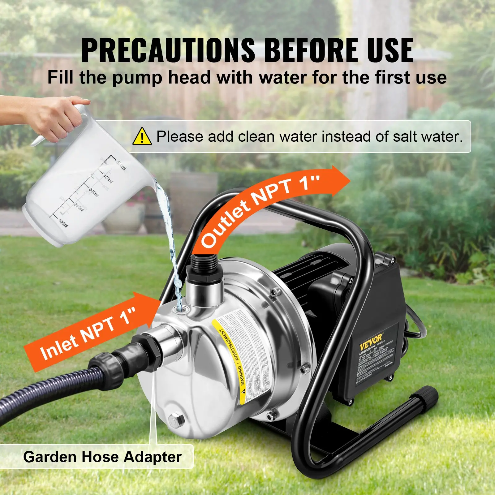 VEVOR Shallow Well Pump, 1.5 HP 115V, 1200 GPH 164 ft Height, 87 psi Max Pressure, Portable Stainless Steel Sprinkler Booster Jet Pumps for Garden Lawn Irrigation system, Lake Fountain, Water Transfer - Image 6