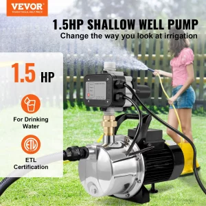 VEVOR Shallow Well Pump, 1HP 115V, 1200 GPH 145 ft Head, Portable Stainless Steel Sprinkler Booster Jet Pumps with Automatic Controller for Garden Lawn Irrigation system, Water Transfer