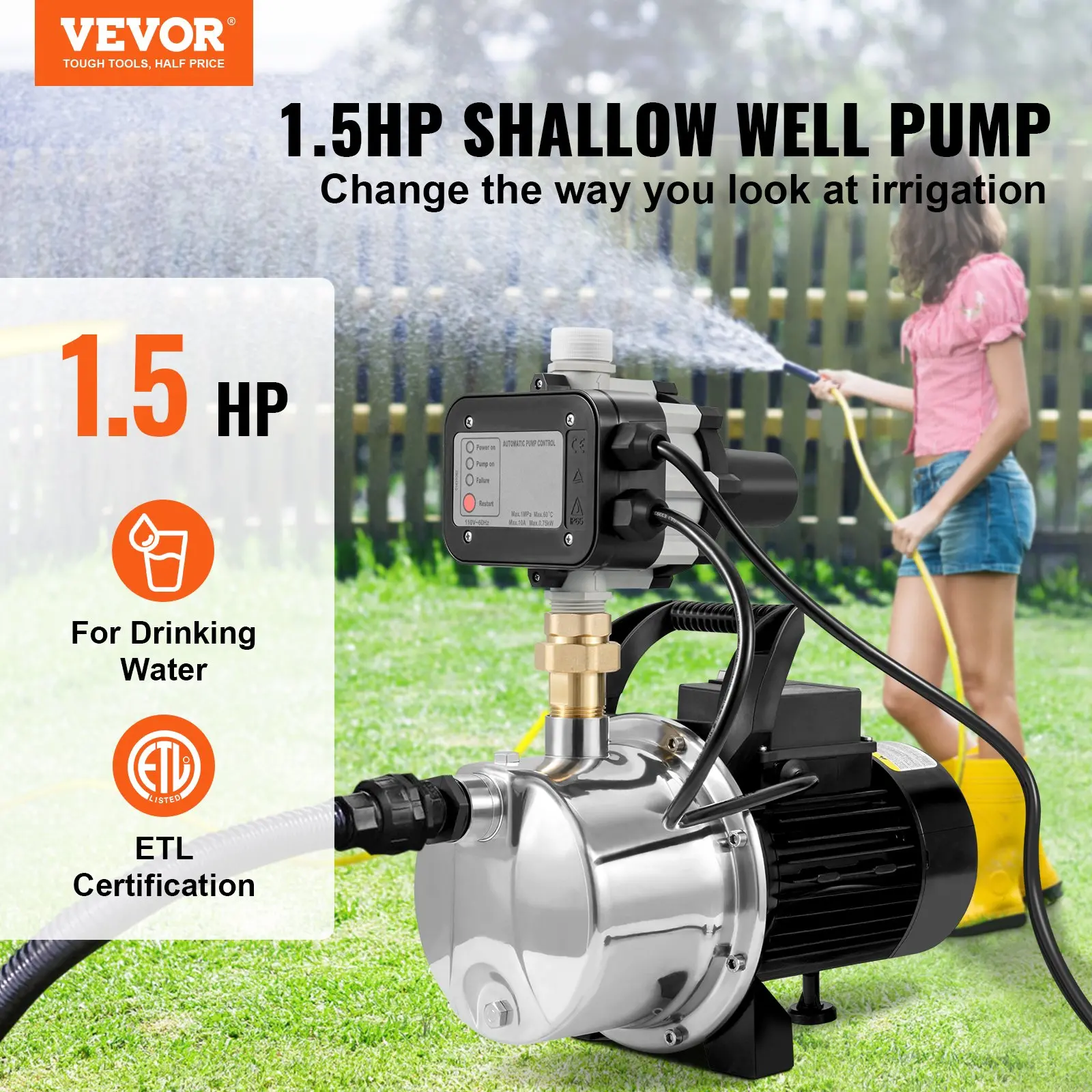 VEVOR Shallow Well Pump, 1HP 115V, 1200 GPH 145 ft Head, Portable Stainless Steel Sprinkler Booster Jet Pumps with Automatic Controller for Garden Lawn Irrigation system, Water Transfer