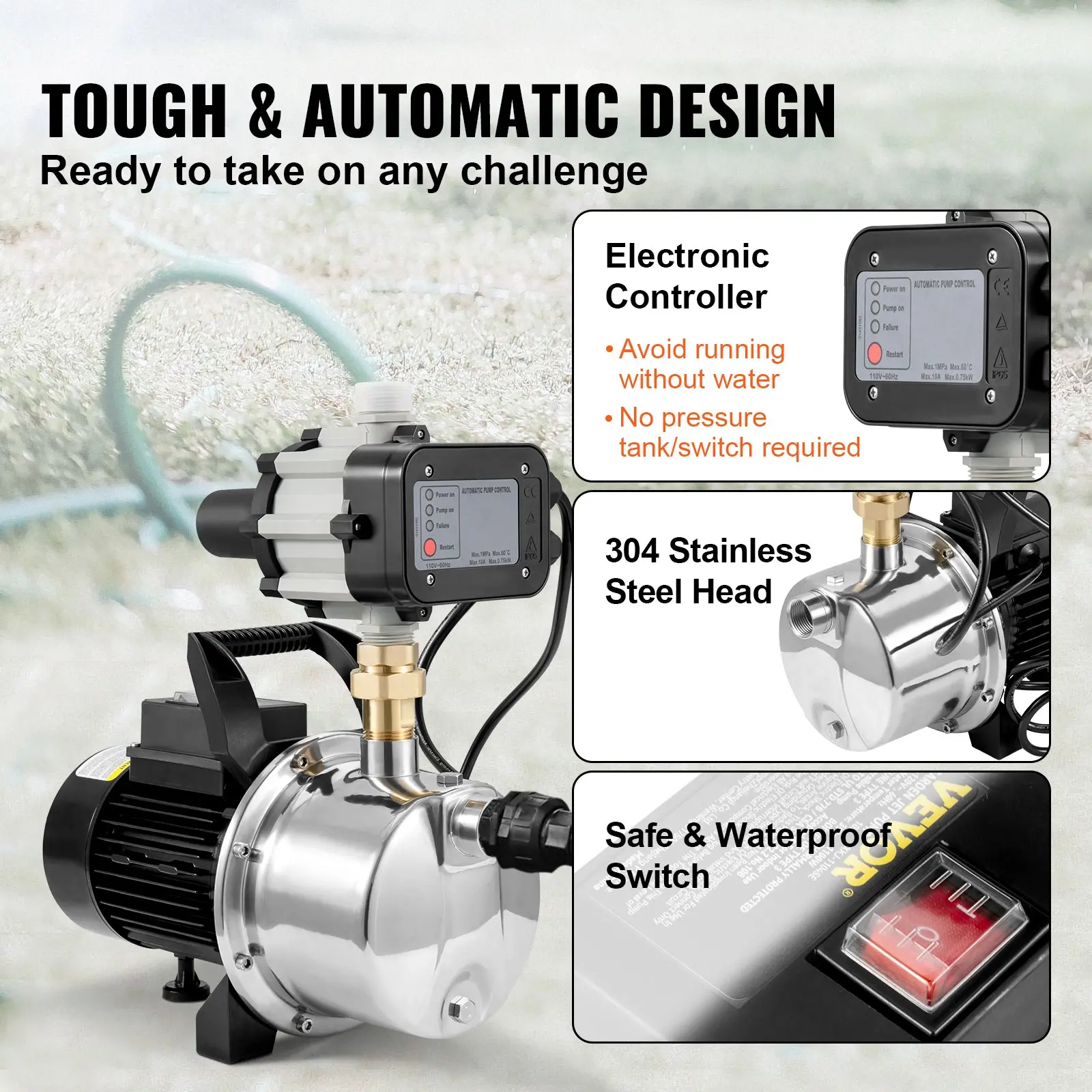 VEVOR Shallow Well Pump, 1HP 115V, 1200 GPH 145 ft Head, Portable Stainless Steel Sprinkler Booster Jet Pumps with Automatic Controller for Garden Lawn Irrigation system, Water Transfer - Image 4