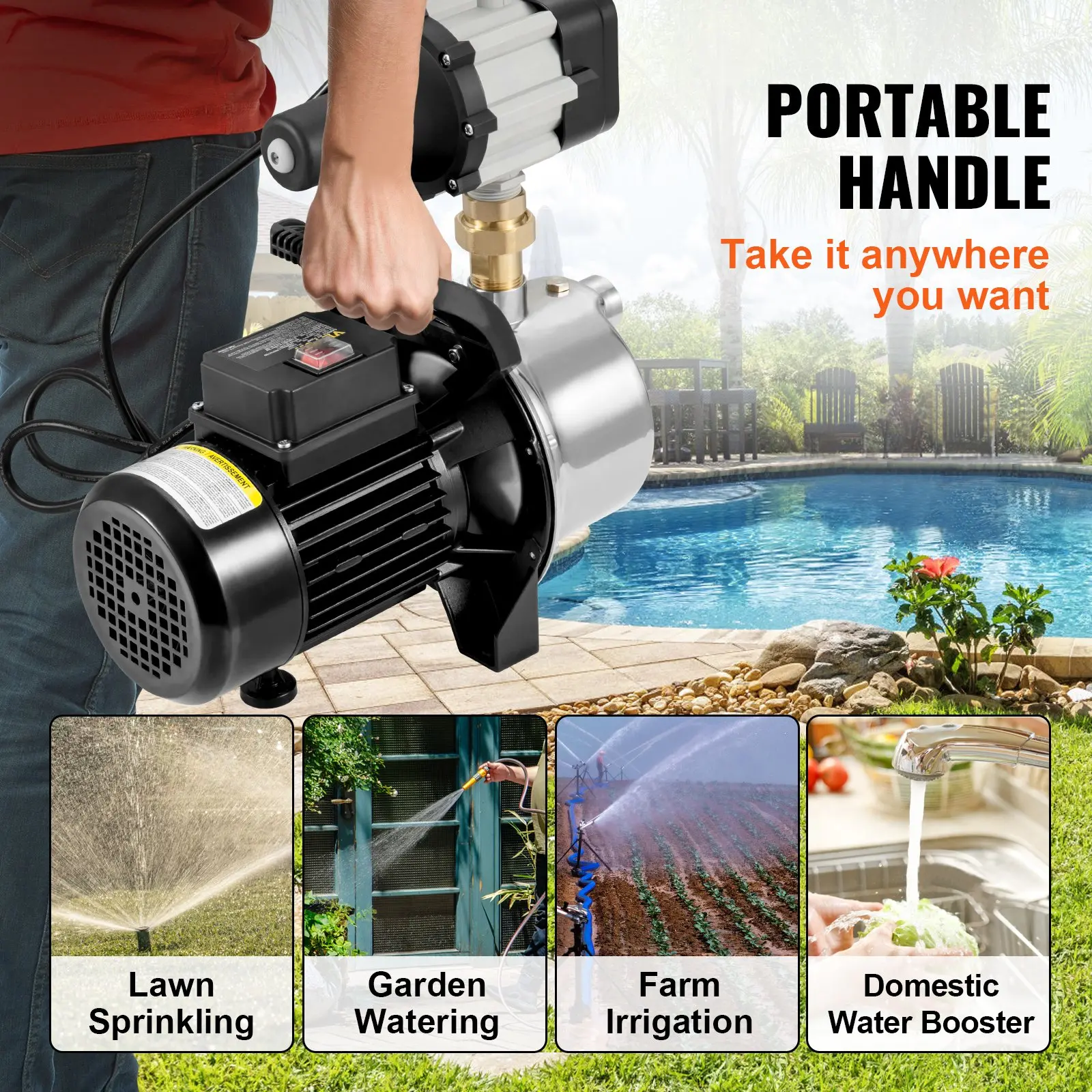 VEVOR Shallow Well Pump, 1HP 115V, 1200 GPH 145 ft Head, Portable Stainless Steel Sprinkler Booster Jet Pumps with Automatic Controller for Garden Lawn Irrigation system, Water Transfer - Image 5