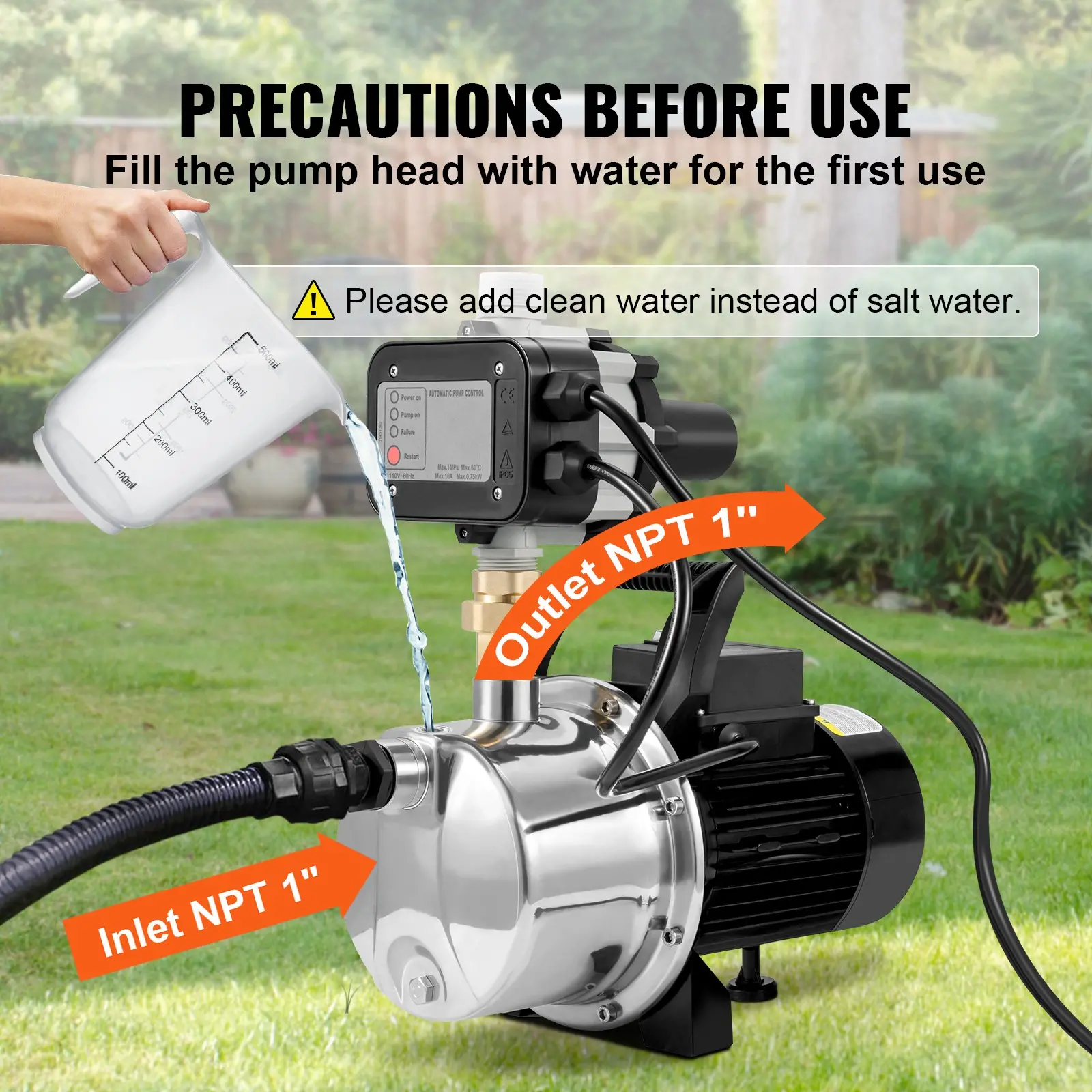 VEVOR Shallow Well Pump, 1HP 115V, 1200 GPH 145 ft Head, Portable Stainless Steel Sprinkler Booster Jet Pumps with Automatic Controller for Garden Lawn Irrigation system, Water Transfer - Image 6