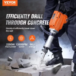 VEVOR Demolition Jack Hammer, 2200W Electric Jackhammer Heavy Duty, 1350 BPM Concrete Breaker 6pcs Chisels Bit Chipping with Case