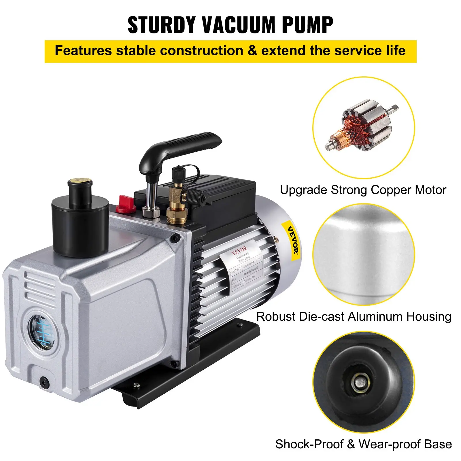 VEVOR Vacuum Pump 12CFM 1 HP Single Stage Air Conditioning Vacuum Pump 110V 5PA Ultimate Vacuum Refrigerant HVAC Air Tool Rotary Vane Vacuum Pump for Automobile Vacuum Evacuation (1-Stage, 12CFM) - Image 2
