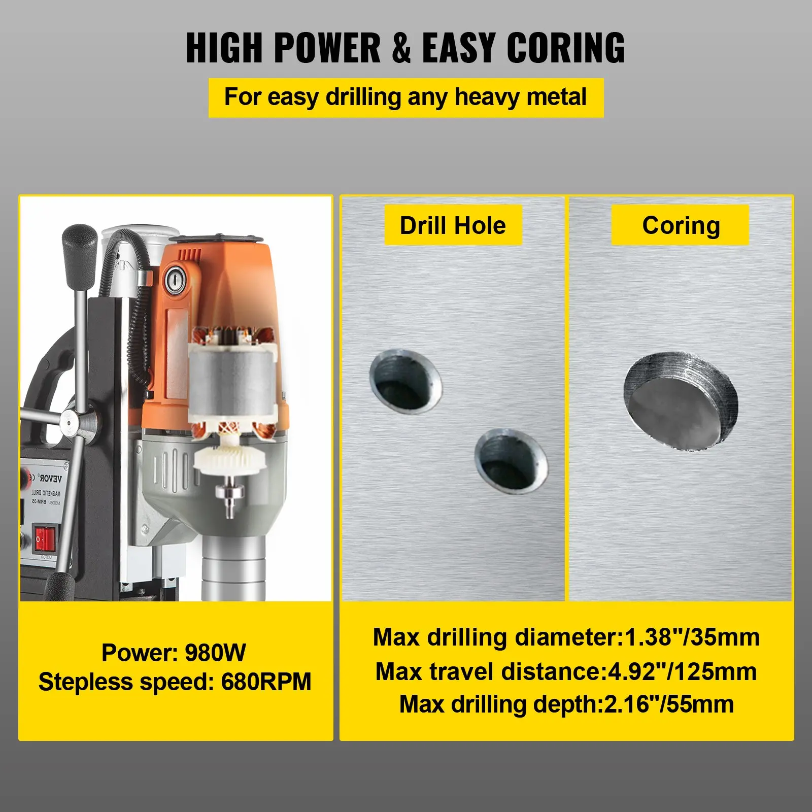 VEVOR Magnetic Drill Magnetic Drilling Machine 980W, Metal Drill Press High Power 680 rpm, Multi-Function Metal Drill Press 35MM Core Drilling Machine for Drilling And Tapping - Image 2