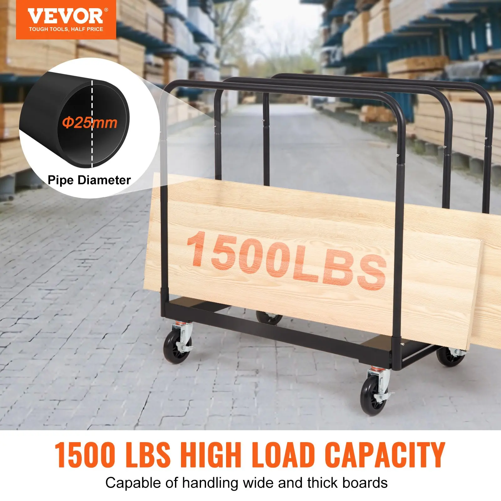 VEVOR Drywall Cart, 1500 LBS Panel Dolly Cart with 36.02" x 24.02" Deck and 5" Swivel Wheels, Heavy-Duty Drywall Sheet Cart, Handling Wall Panel, Sheetrock, Lumber, for Garage, Home, Warehouse