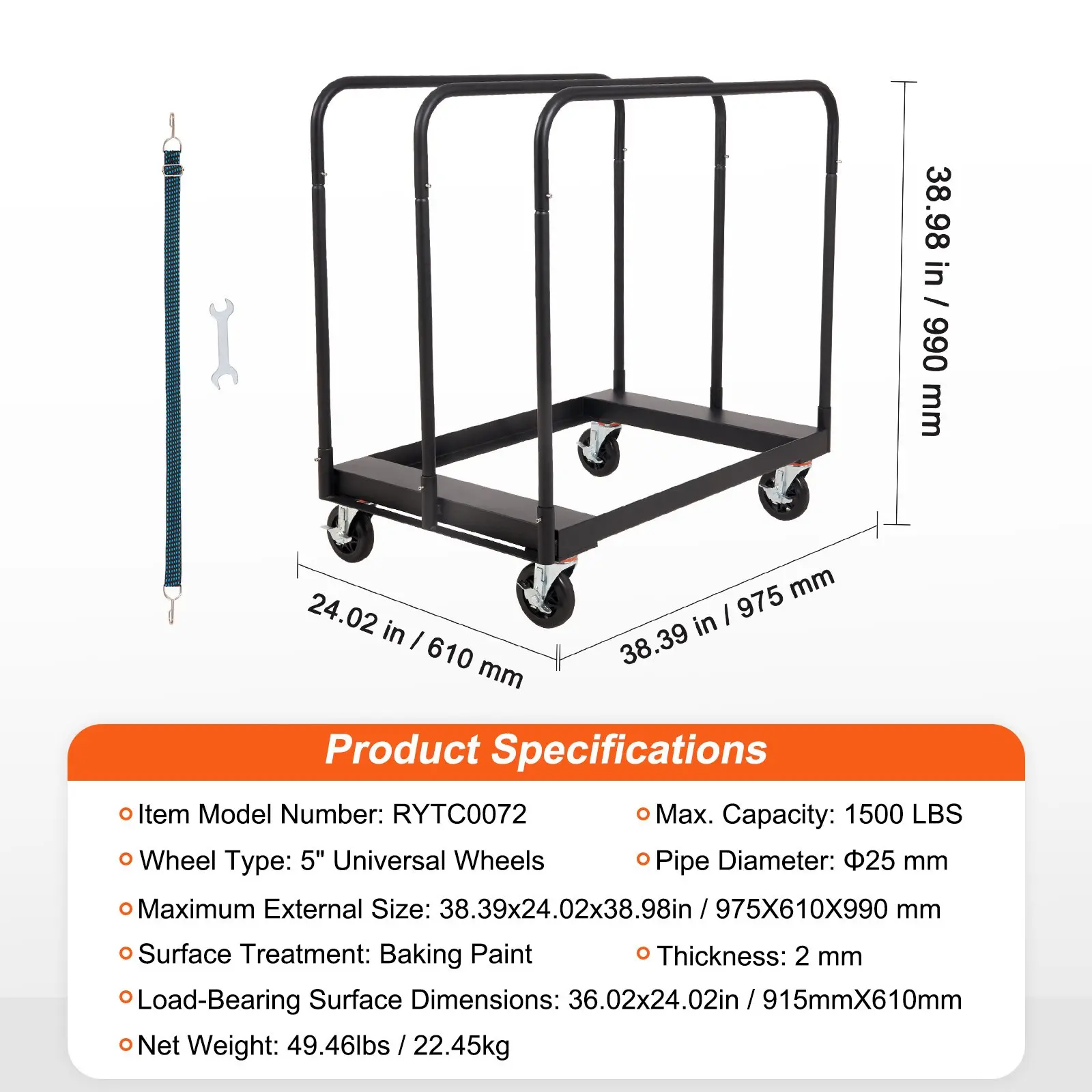 VEVOR Drywall Cart, 1500 LBS Panel Dolly Cart with 36.02" x 24.02" Deck and 5" Swivel Wheels, Heavy-Duty Drywall Sheet Cart, Handling Wall Panel, Sheetrock, Lumber, for Garage, Home, Warehouse - Image 6