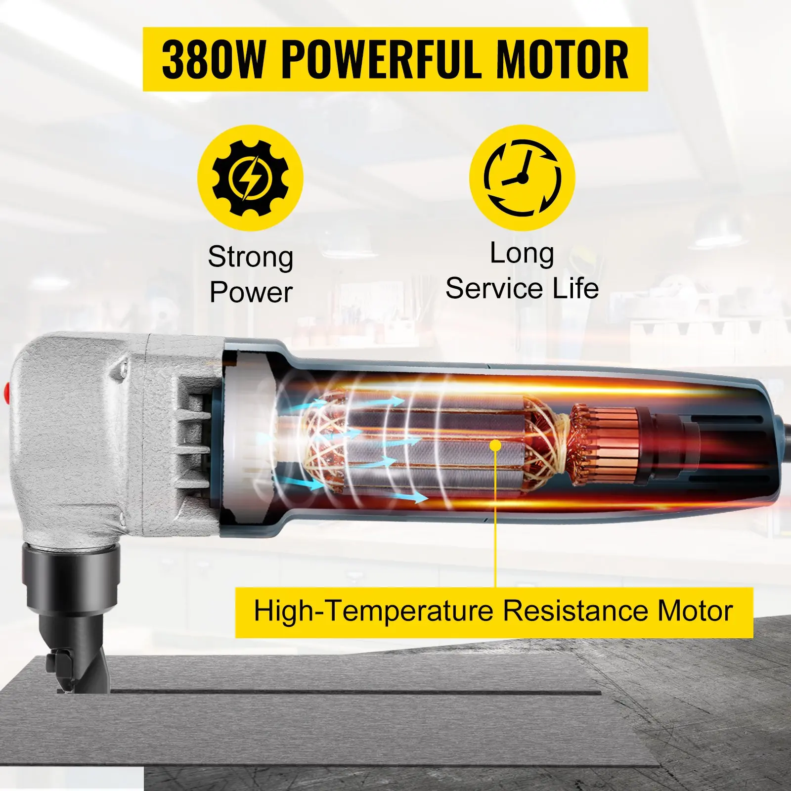 VEVOR Electric Sheet Metal Cutter, 380W Power, 1800RPM Rotor Speed, 0.07in/1.8mm Cutting Capacity, Includes Replacement Blades and Storage Case, Ideal for Stainless Steel, Aluminium, Plastic - Image 2