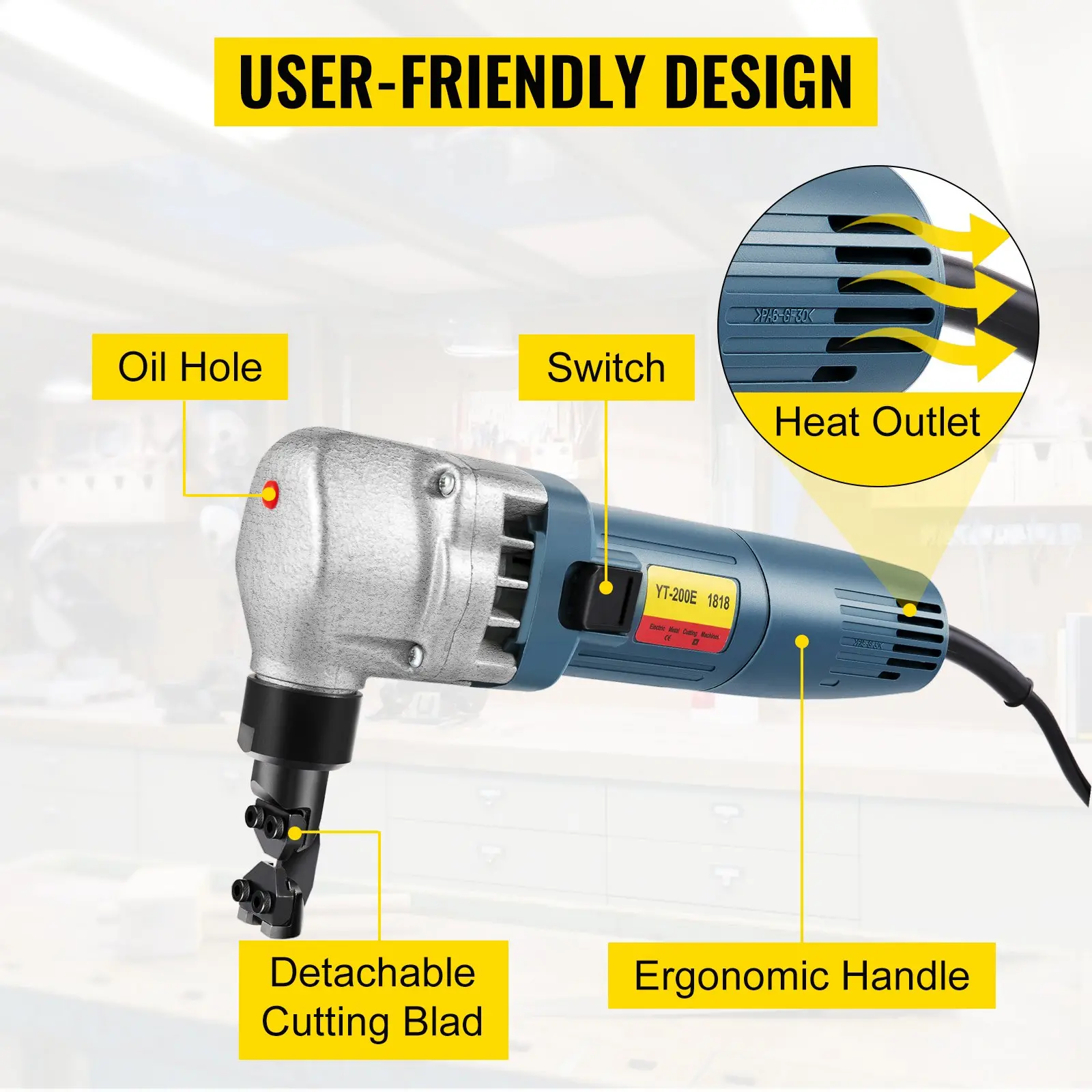 VEVOR Electric Sheet Metal Cutter, 380W Power, 1800RPM Rotor Speed, 0.07in/1.8mm Cutting Capacity, Includes Replacement Blades and Storage Case, Ideal for Stainless Steel, Aluminium, Plastic - Image 3