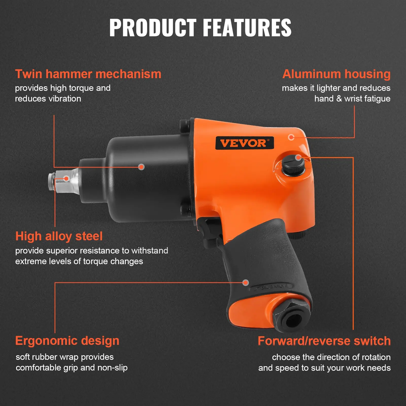 VEVOR Air Impact Wrench, 1/2" Drive Air Impact Gun Up to 880ft-lbs Nut-busting Torque, 7500RPM Lightweight Pneumatic Tool for Auto Repairs and Maintenance - Image 2