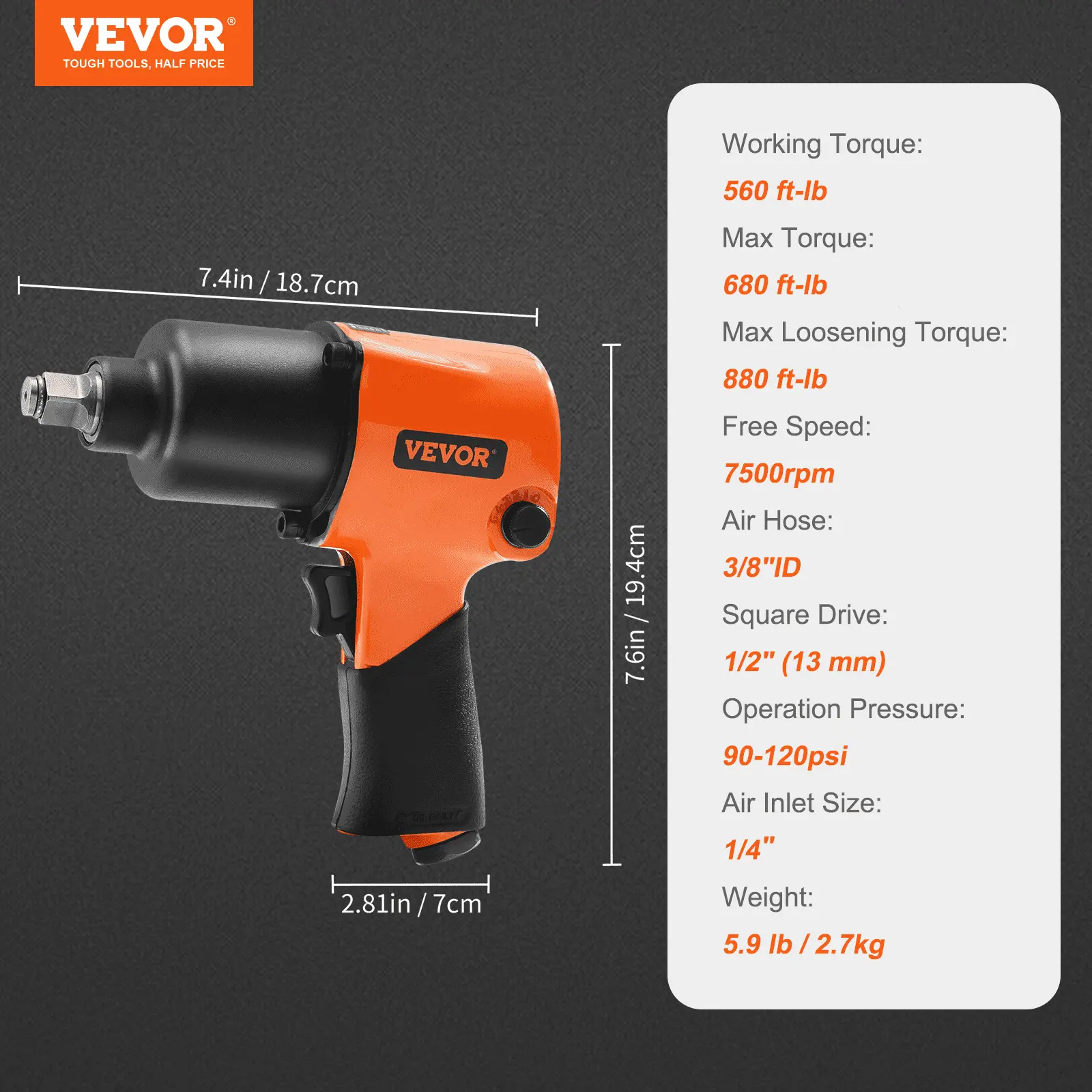 VEVOR Air Impact Wrench, 1/2" Drive Air Impact Gun Up to 880ft-lbs Nut-busting Torque, 7500RPM Lightweight Pneumatic Tool for Auto Repairs and Maintenance - Image 6