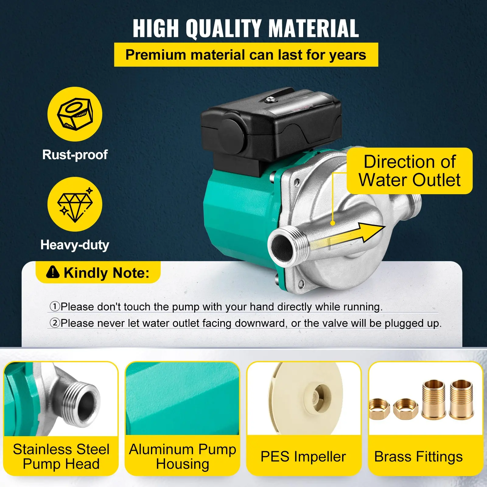 VEVOR Hot Water Recirculating Pump, 93W, 110V Water Circulator Pump, Circulation Pump, 3/4 G Thread to 1/2 NPT Brass Adapter, Stainless Steel Head, 3 Speed Control for Electric Water Heater System - Image 2