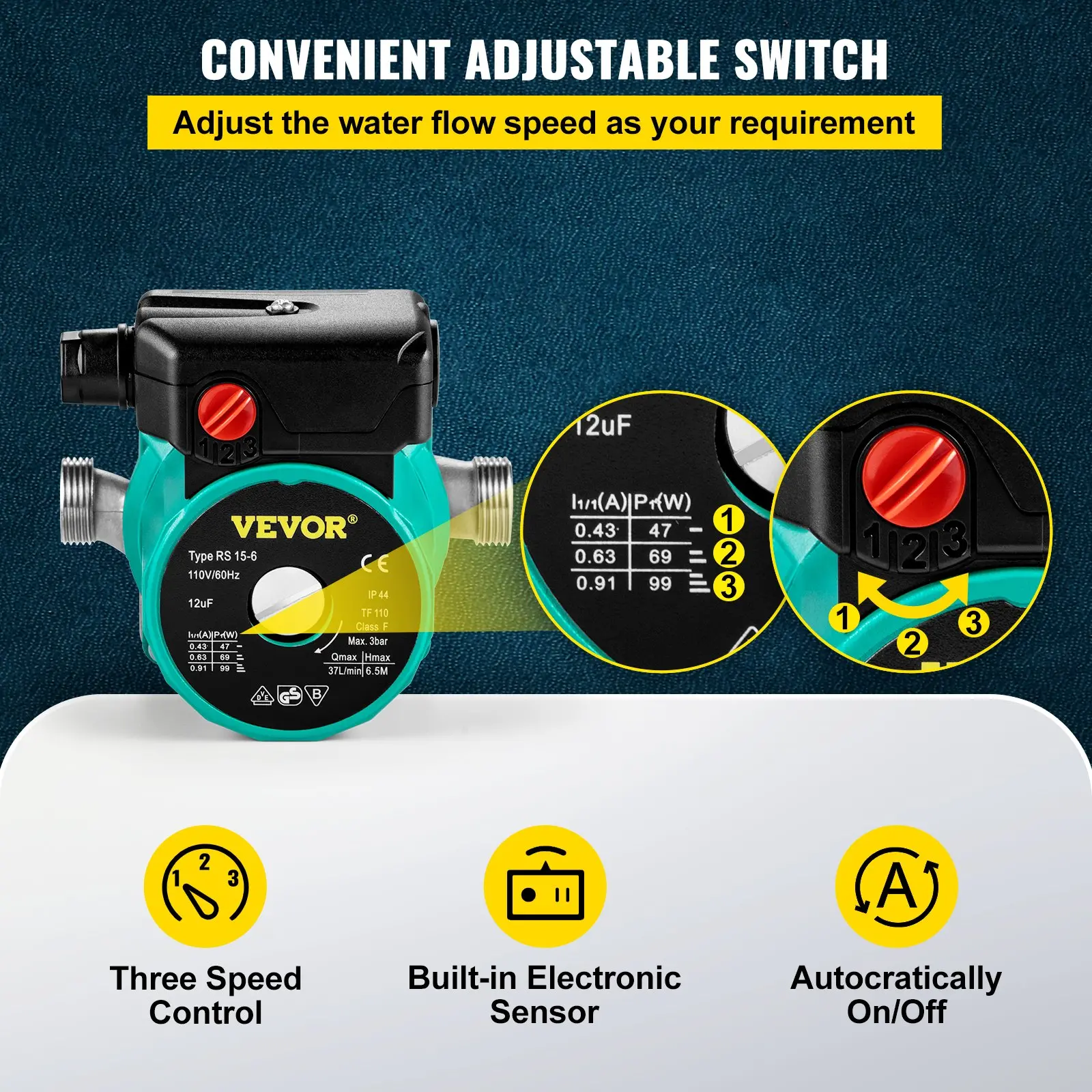 VEVOR Hot Water Recirculating Pump, 93W, 110V Water Circulator Pump, Circulation Pump, 3/4 G Thread to 1/2 NPT Brass Adapter, Stainless Steel Head, 3 Speed Control for Electric Water Heater System - Image 4