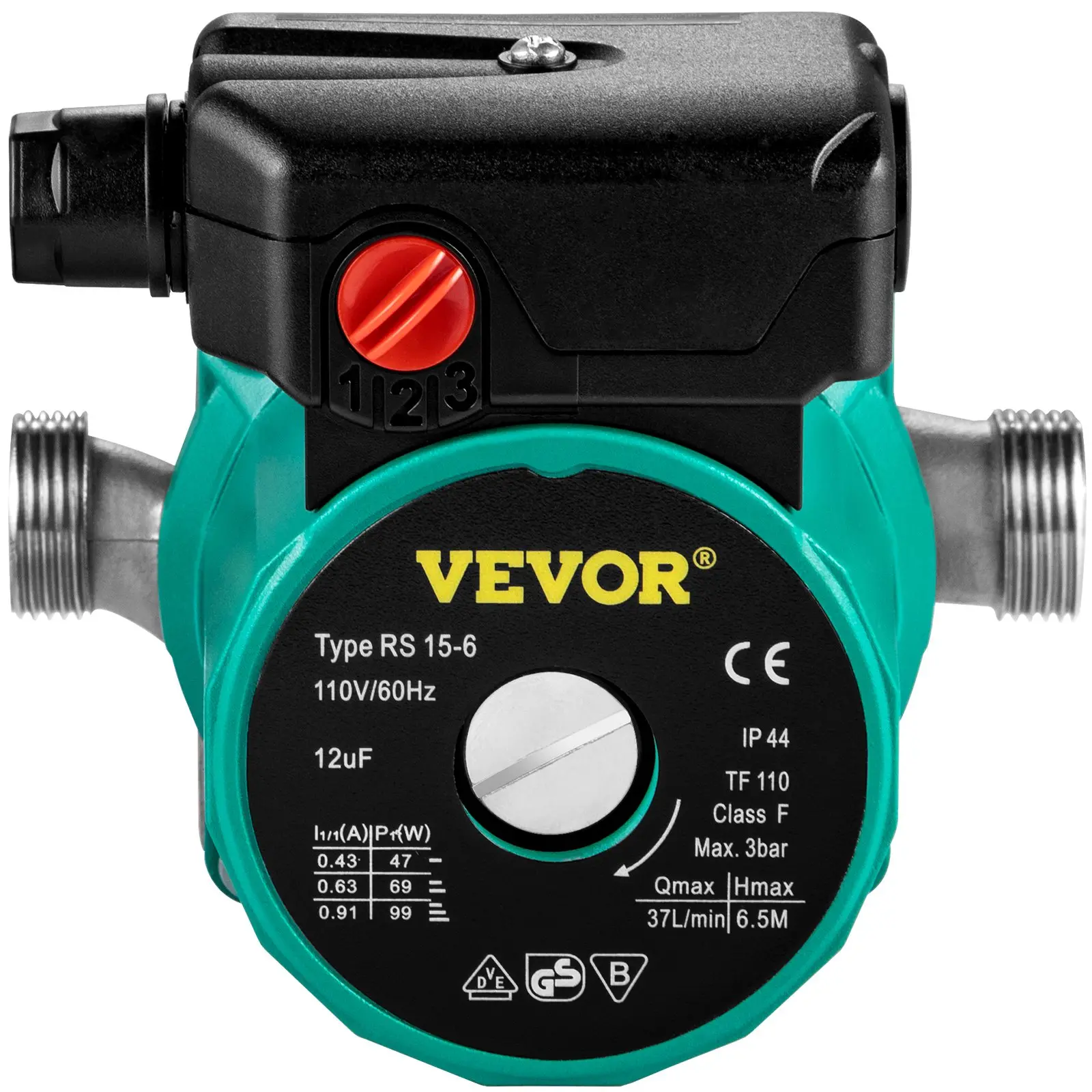 VEVOR Hot Water Recirculating Pump, 93W, 110V Water Circulator Pump, Circulation Pump, 3/4 G Thread to 1/2 NPT Brass Adapter, Stainless Steel Head, 3 Speed Control for Electric Water Heater System - Image 10