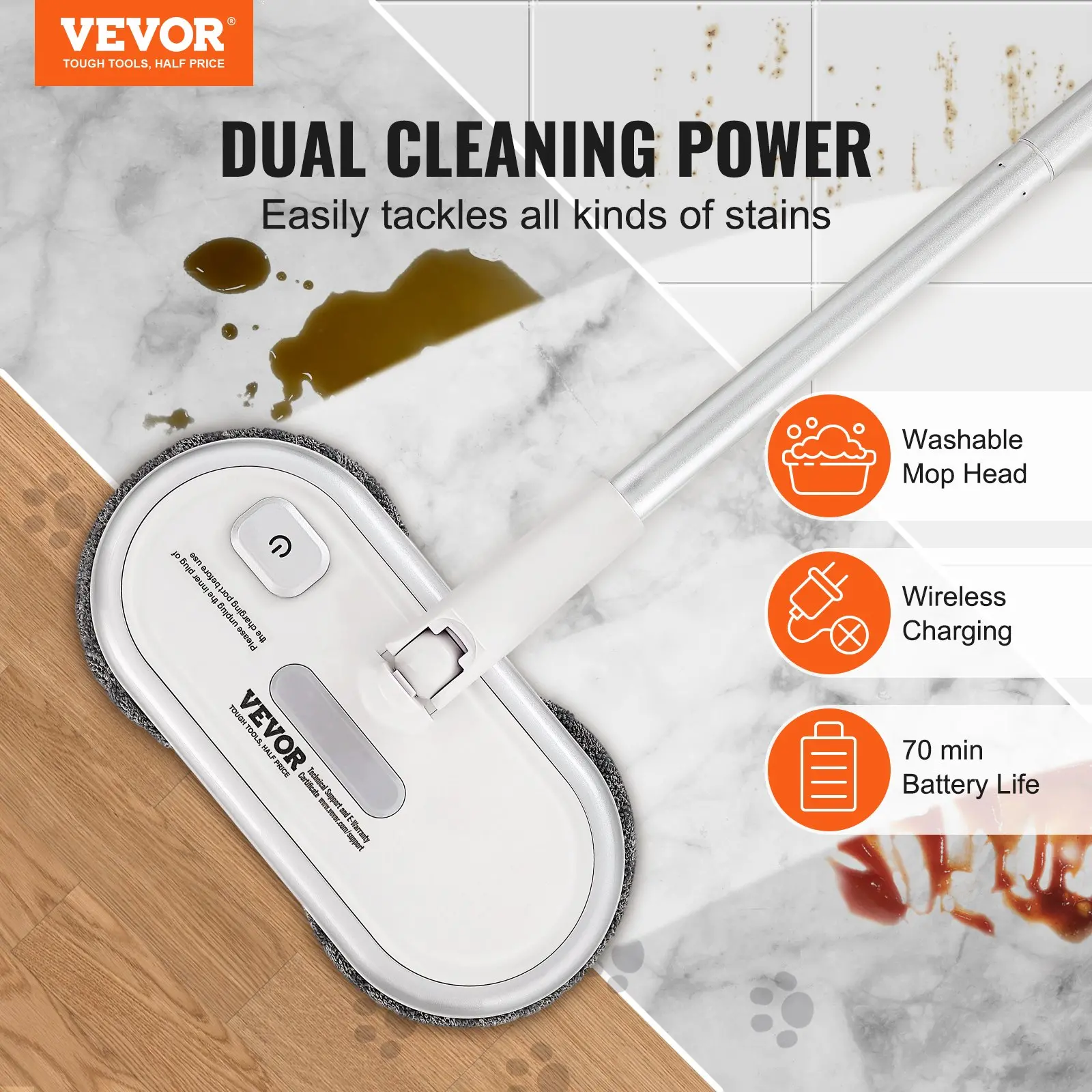 VEVOR Cordless Electric Mop, Up to 70 mins Powerful Battery, Electric Spin Mop with Dual Spinning Heads, 4 Microfiber Pads & 2 Floor Scrubber Pads, for Hardwood/Bathroom/Tile Floor Cleaning