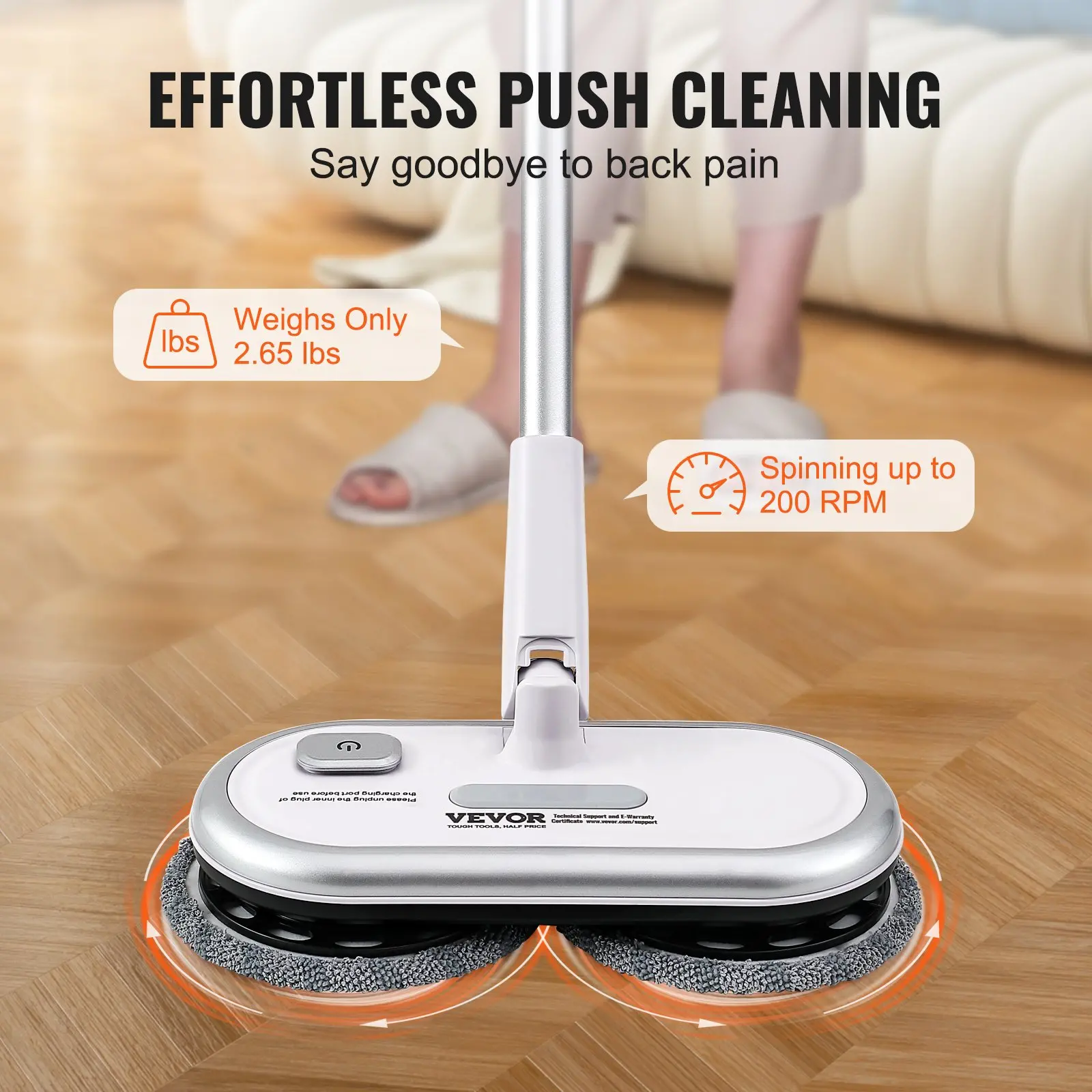 VEVOR Cordless Electric Mop, Up to 70 mins Powerful Battery, Electric Spin Mop with Dual Spinning Heads, 4 Microfiber Pads & 2 Floor Scrubber Pads, for Hardwood/Bathroom/Tile Floor Cleaning - Image 2