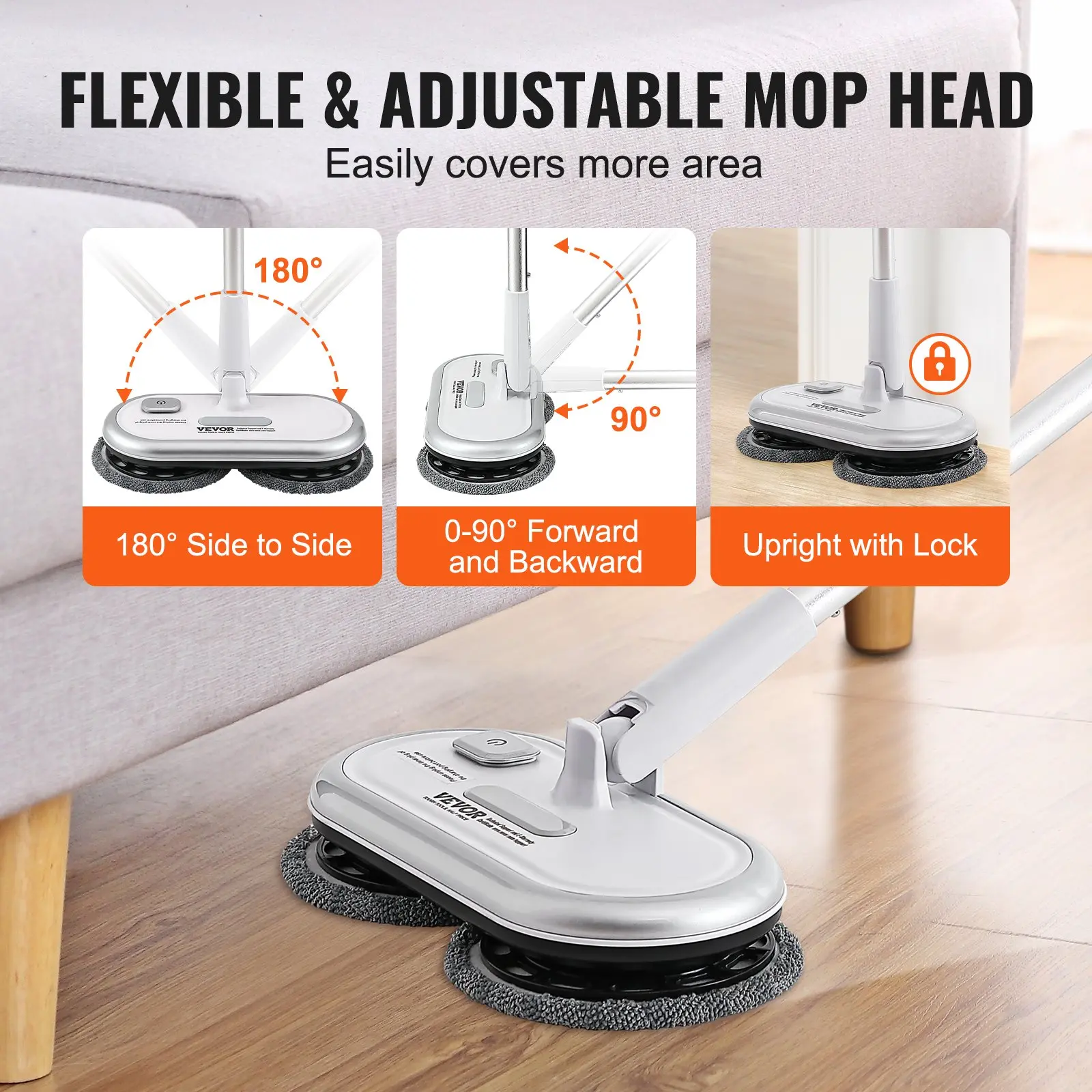 VEVOR Cordless Electric Mop, Up to 70 mins Powerful Battery, Electric Spin Mop with Dual Spinning Heads, 4 Microfiber Pads & 2 Floor Scrubber Pads, for Hardwood/Bathroom/Tile Floor Cleaning - Image 3