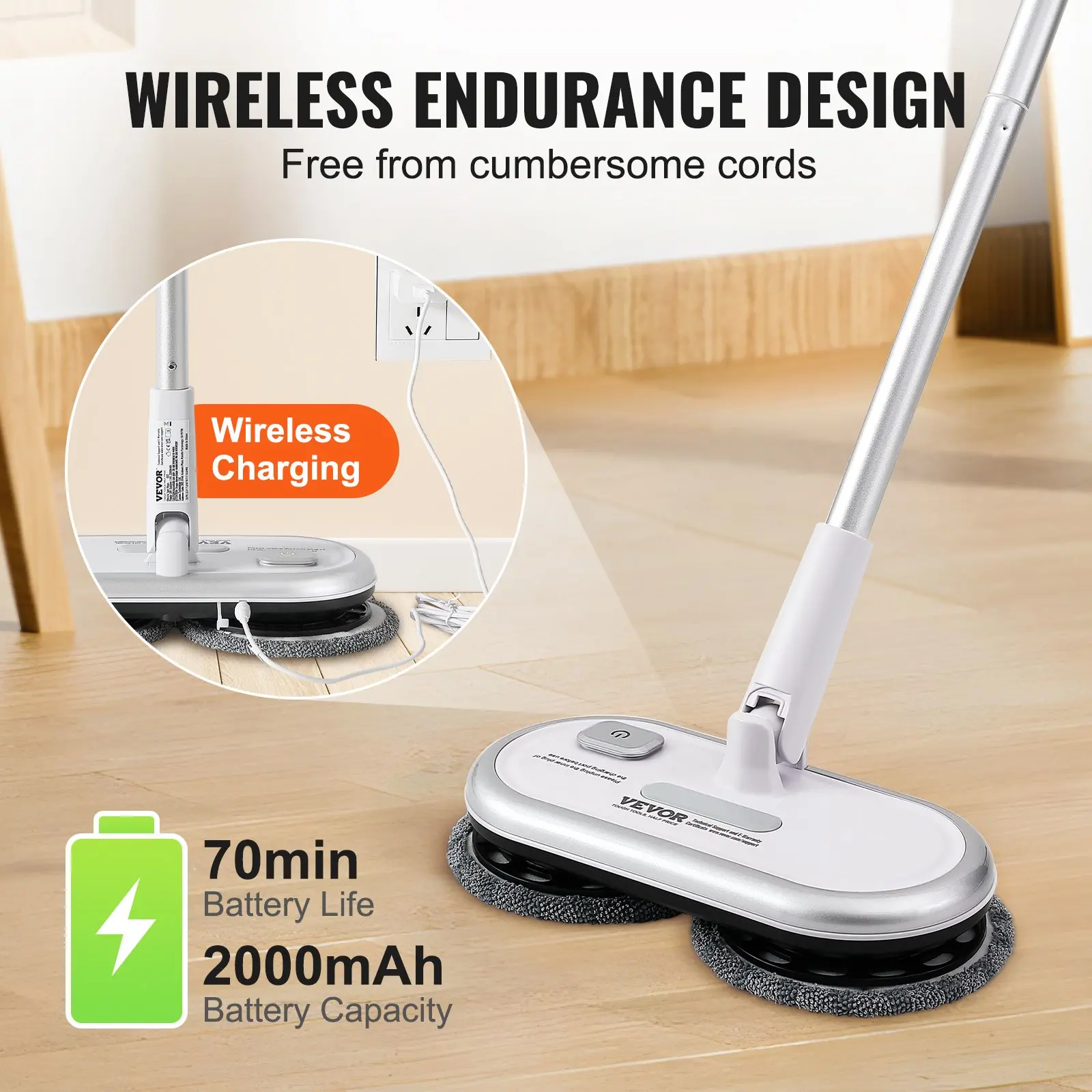 VEVOR Cordless Electric Mop, Up to 70 mins Powerful Battery, Electric Spin Mop with Dual Spinning Heads, 4 Microfiber Pads & 2 Floor Scrubber Pads, for Hardwood/Bathroom/Tile Floor Cleaning - Image 4