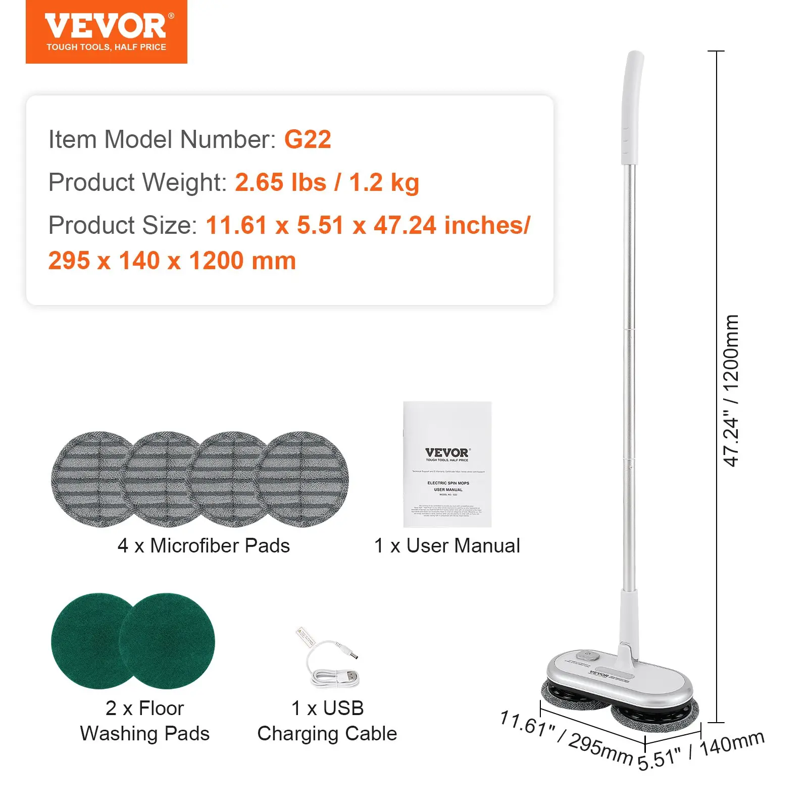 VEVOR Cordless Electric Mop, Up to 70 mins Powerful Battery, Electric Spin Mop with Dual Spinning Heads, 4 Microfiber Pads & 2 Floor Scrubber Pads, for Hardwood/Bathroom/Tile Floor Cleaning - Image 6