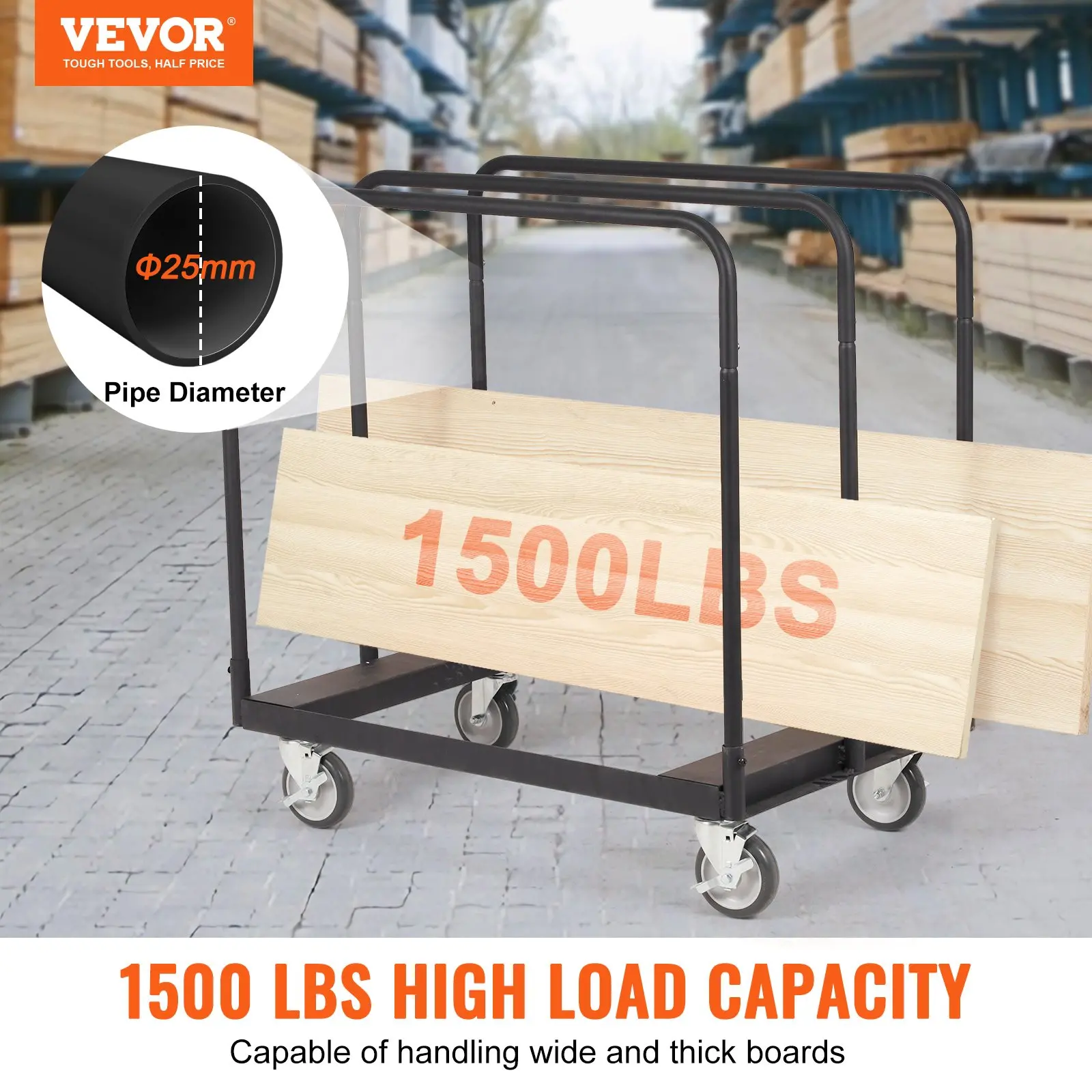 VEVOR Drywall Cart, 1500 LBS Panel Dolly Cart with 36.02" x 24.02" Deck and 5" Swivel Wheels, Heavy-Duty Drywall Sheet Cart, Handling Wall Panel, Sheetrock, Lumber, for Garage, Home, Warehouse - Image 11
