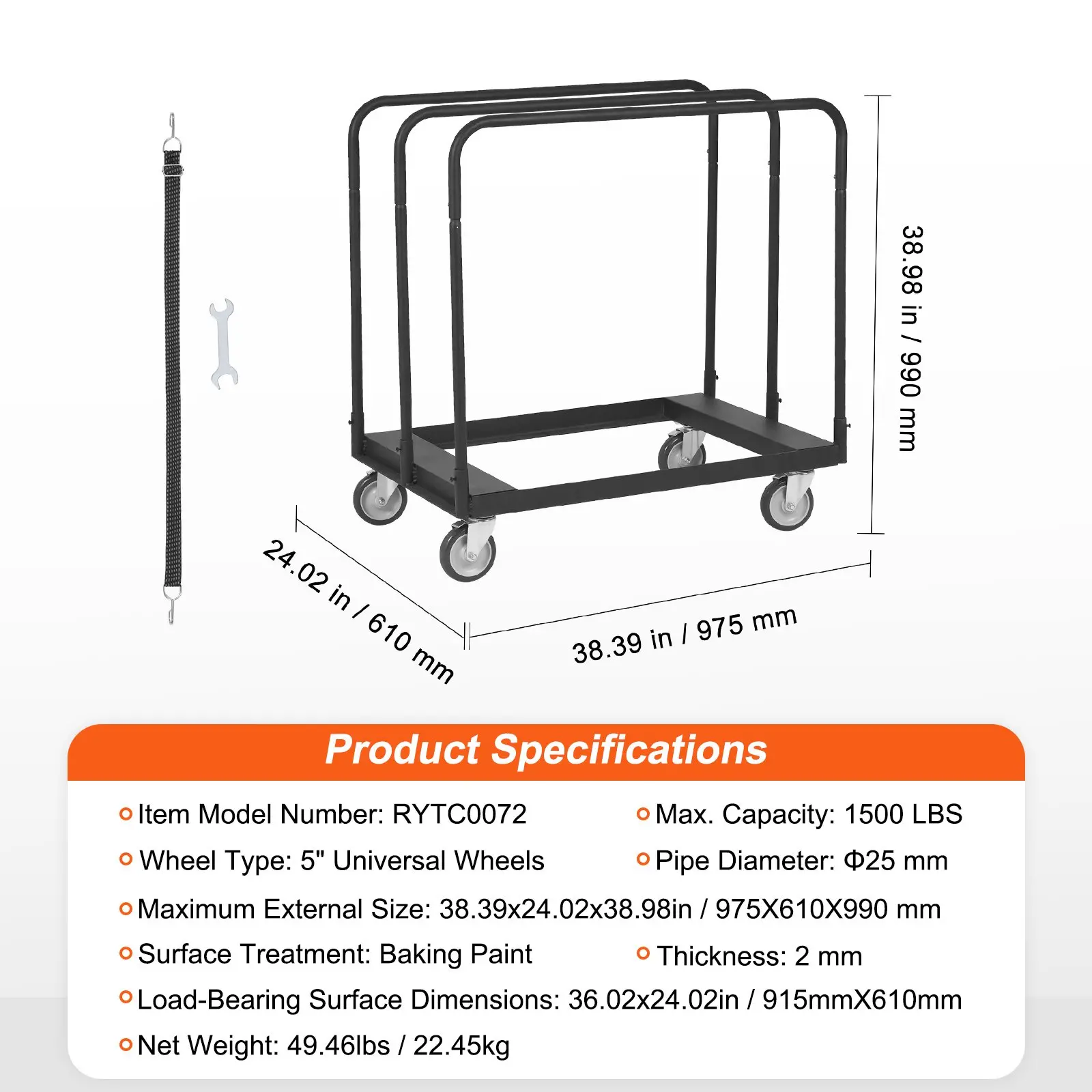 VEVOR Drywall Cart, 1500 LBS Panel Dolly Cart with 36.02" x 24.02" Deck and 5" Swivel Wheels, Heavy-Duty Drywall Sheet Cart, Handling Wall Panel, Sheetrock, Lumber, for Garage, Home, Warehouse - Image 15