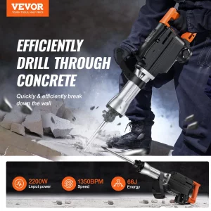 VEVOR Demolition Jack Hammer, 1350 BPM Concrete Breaker 6pcs Chisels Bit Chipping with Case, 2200W Electric Jackhammer Heavy Duty, Black