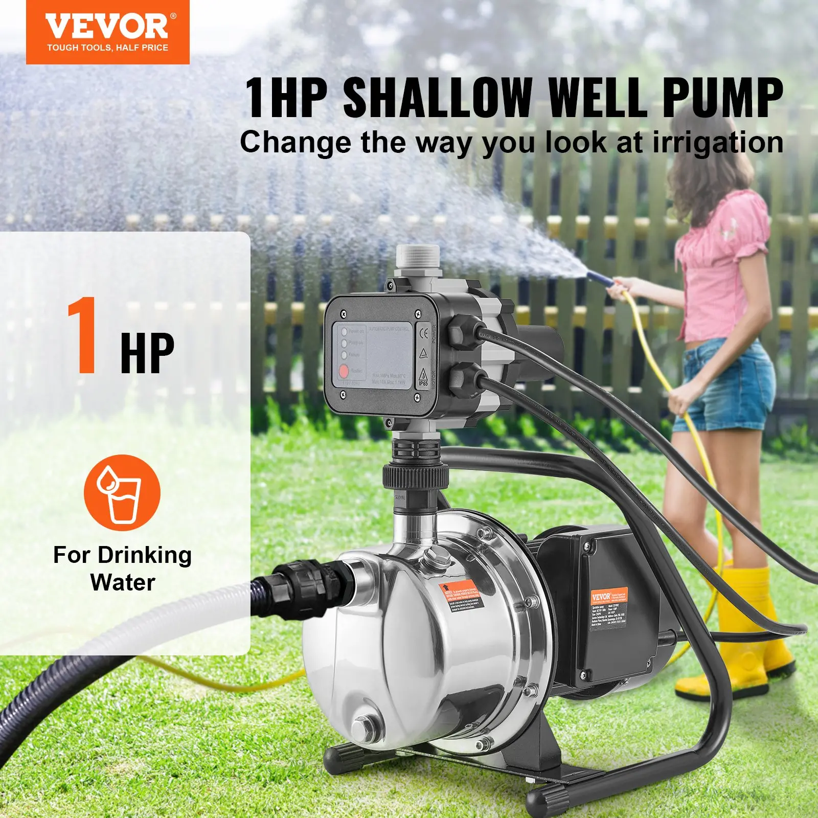VEVOR Shallow Well Pump, 1HP 115V, 1200 GPH 145 ft Head, Portable Stainless Steel Sprinkler Booster Jet Pumps with Automatic Controller for Garden Lawn Irrigation system, Water Transfer - Image 13
