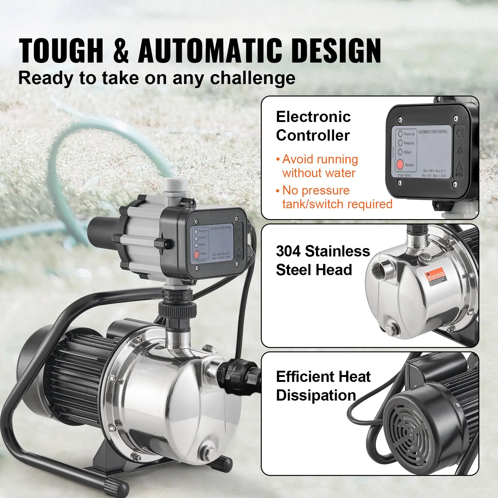 VEVOR Shallow Well Pump, 1HP 115V, 1200 GPH 145 ft Head, Portable Stainless Steel Sprinkler Booster Jet Pumps with Automatic Controller for Garden Lawn Irrigation system, Water Transfer - Image 15