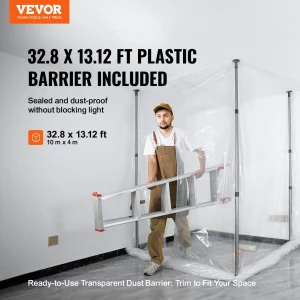 VEVOR Dust Barrier Poles, 12 Ft Dust Barrier System with 4 Telescoping Poles, 32.8x13.12 Ft Plastic Film, and Carry Bag, for Interior Decoration and Painting Projects