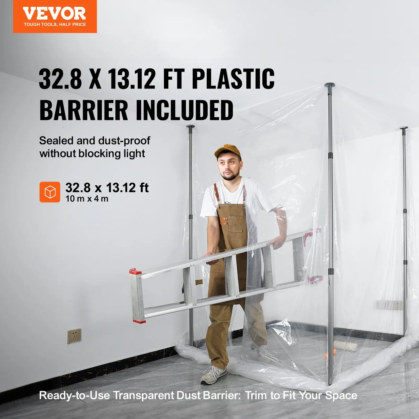 VEVOR Dust Barrier Poles, 12 Ft Dust Barrier System with 4 Telescoping Poles, 32.8x13.12 Ft Plastic Film, and Carry Bag, for Interior Decoration and Painting Projects