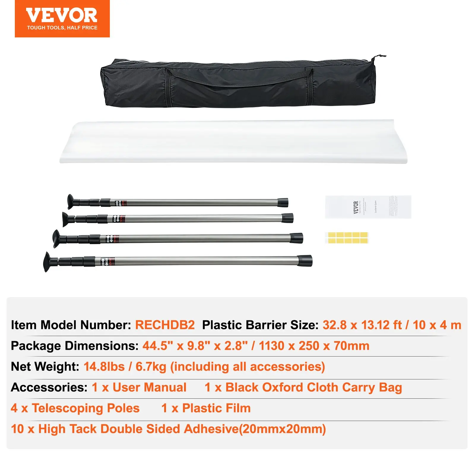 VEVOR Dust Barrier Poles, 12 Ft Dust Barrier System with 4 Telescoping Poles, 32.8x13.12 Ft Plastic Film, and Carry Bag, for Interior Decoration and Painting Projects - Image 6