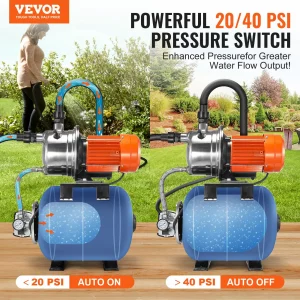 VEVOR 1 HP Shallow Well Pump with Pressure Tank, 1000 GPH, Automatic Irrigation Water Booster Pump with 130 ft Head Lift 20/40 PSI Pressure Switch, 304 Stainless Steel Pump Head for Home Garden Lawn