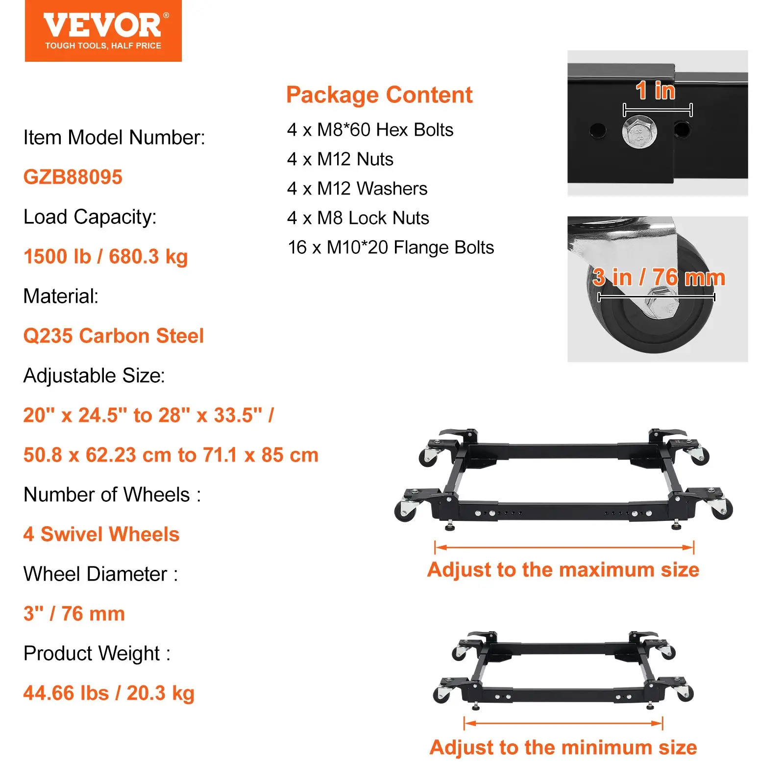 VEVOR Mobile Base, 1500 lbs Capacity, Adjustable from 20" x 24.5" to 28" x 33.5", Heavy Duty Universal Mobile Base Stand with 4 Swivel Wheels, for Woodworking Equipment, Bandsaw, Power Tool, Machine - Image 6