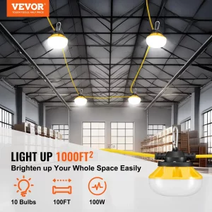 VEVOR 100FT Construction String Lights, 100W 10000LM, 10PCs String Work Light, 5000K, IP65 Waterproof, with Hanging Hooks, for Construction Site, Temporary Lighting Indoor & Outdoor, ETL Listed