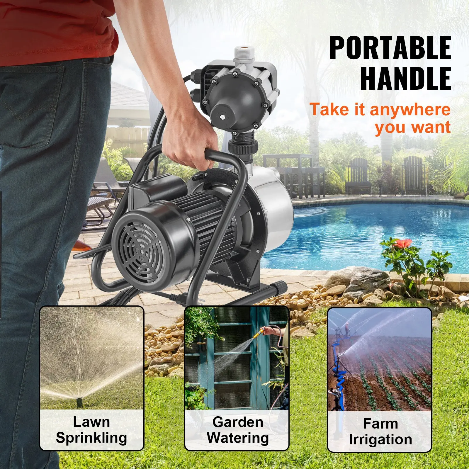 VEVOR Shallow Well Pump, 1HP 115V, 1200 GPH 145 ft Head, Portable Stainless Steel Sprinkler Booster Jet Pumps with Automatic Controller for Garden Lawn Irrigation system, Water Transfer - Image 23