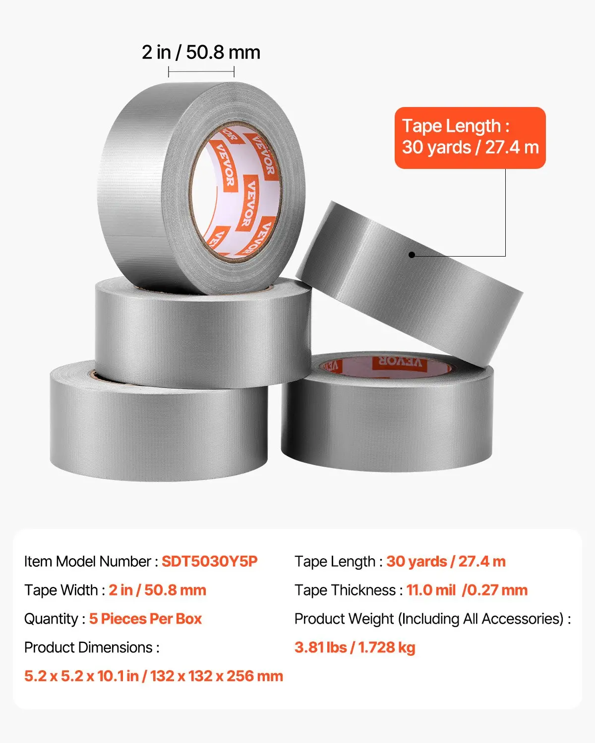 VEVOR 5-Pack Duct Tape, 2 in x 30 Yards, No Residue Strong Adhesive Waterproof Temperature-Resistant Heavy Duty Duct Tape, Tear by Hand, for Indoor Outdoor Repair, Industrial, All Weather, Sliver - Image 6