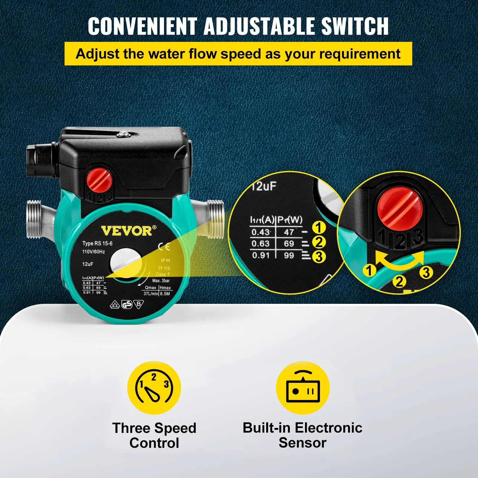 VEVOR Hot Water Recirculating Pump, 93W, 110V Water Circulator Pump, Circulation Pump, 3/4 G Thread to 1/2 NPT Brass Adapter, Stainless Steel Head, 3 Speed Control for Electric Water Heater System - Image 11