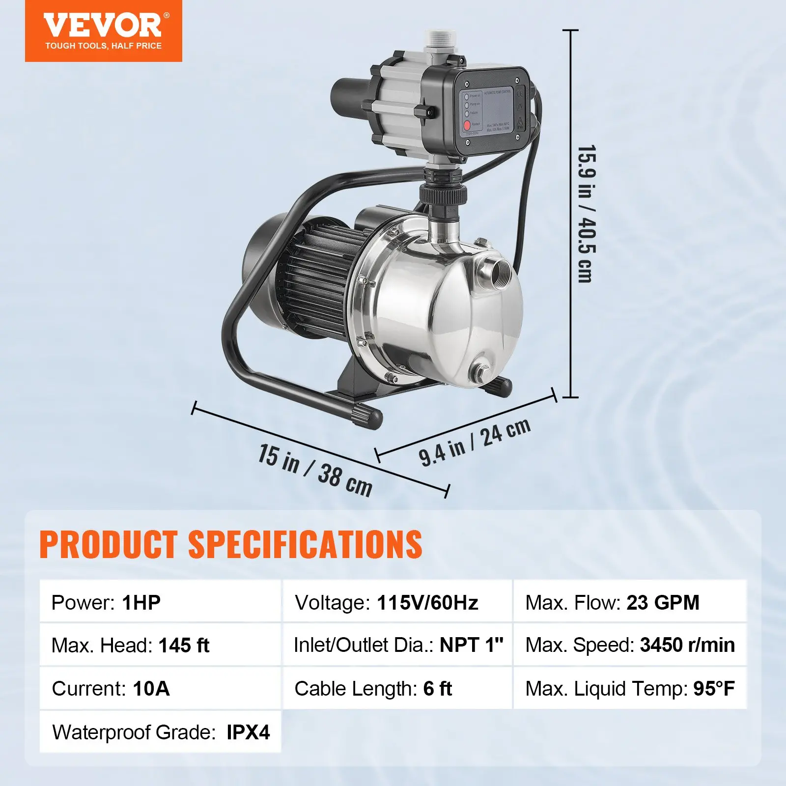 VEVOR Shallow Well Pump, 1HP 115V, 1200 GPH 145 ft Head, Portable Stainless Steel Sprinkler Booster Jet Pumps with Automatic Controller for Garden Lawn Irrigation system, Water Transfer - Image 25