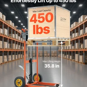 VEVOR Hydraulic Material Lift Winch Stacker, 450 lbs Load Capacity, Pallet Truck Dolly with Fork Lift Table, 35.8 Inches Max Lifting Height, Foldable & Portable Pallet Jack Table Cart, Yellow & Black