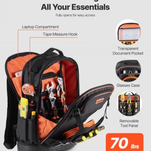 VEVOR Tool Backpack with Tools, 65 Pockets, Heavy-duty Tools Storage Organizer Bags with Laptop Compartment & Molded Base, Electrician Jobsite Backpack for Electrician, Repairman, and HVAC Techs