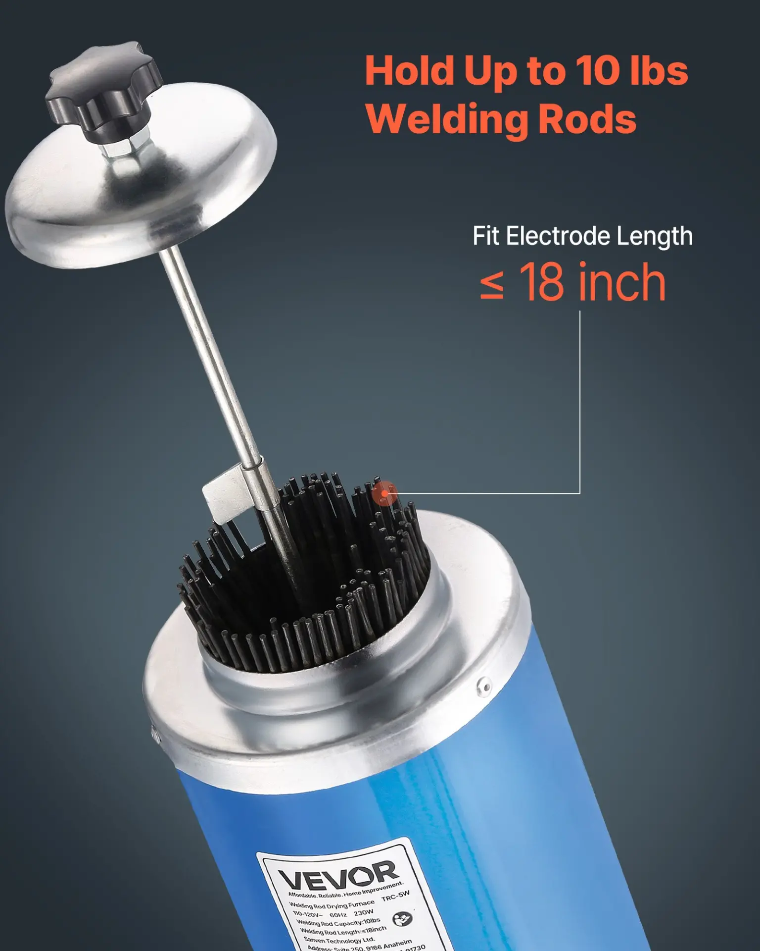 VEVOR Portable Welding Rod Oven, 10LBS Capacity Electrodes Drying Oven 230W 120V, 86 to 302 Adjustable Welding Rods Dryer for 18-inch Stick Electrodes - with Easy-to-Carry Side Handle - Image 2